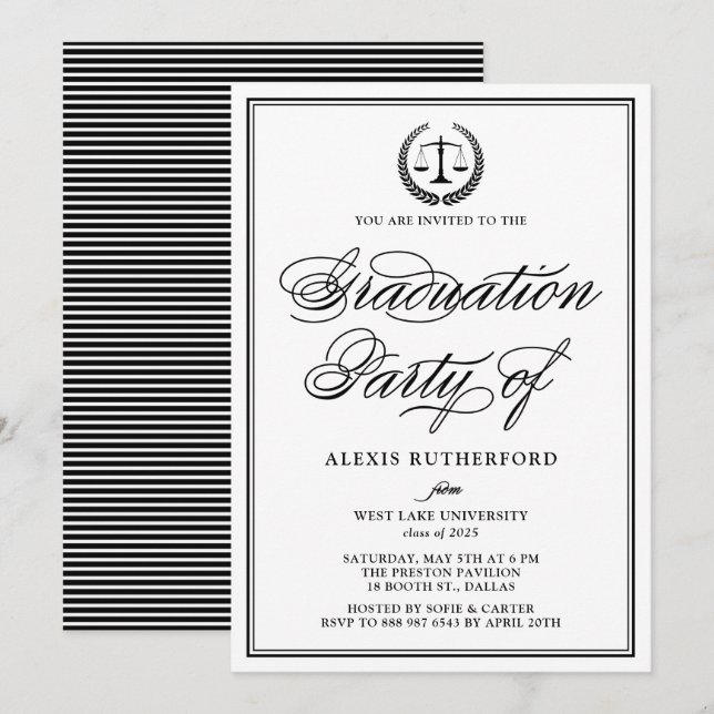 Black Elegant Script Law School Graduation Party Einladung (Vorne/Hinten)