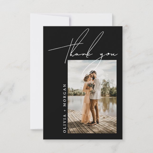 Black Elegant Script Typografy Foto Wedding Dankeskarte (Vorderseite)