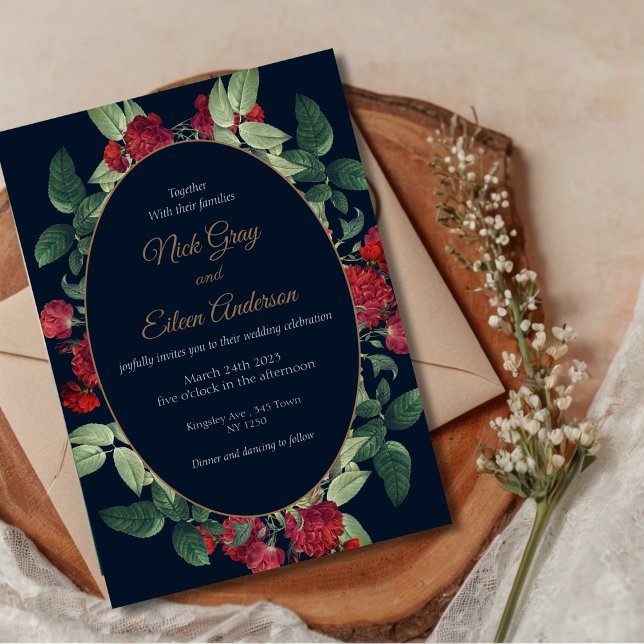 Black Elegant Vintag Goth Wedding Einladung (Elegant Watercolor Red Floral Wedding Invite)