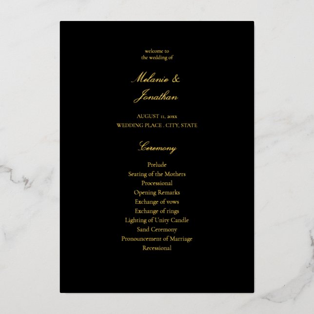 Black Elegant Wedding Zeremony Program Folieneinladung (Vorderseite)