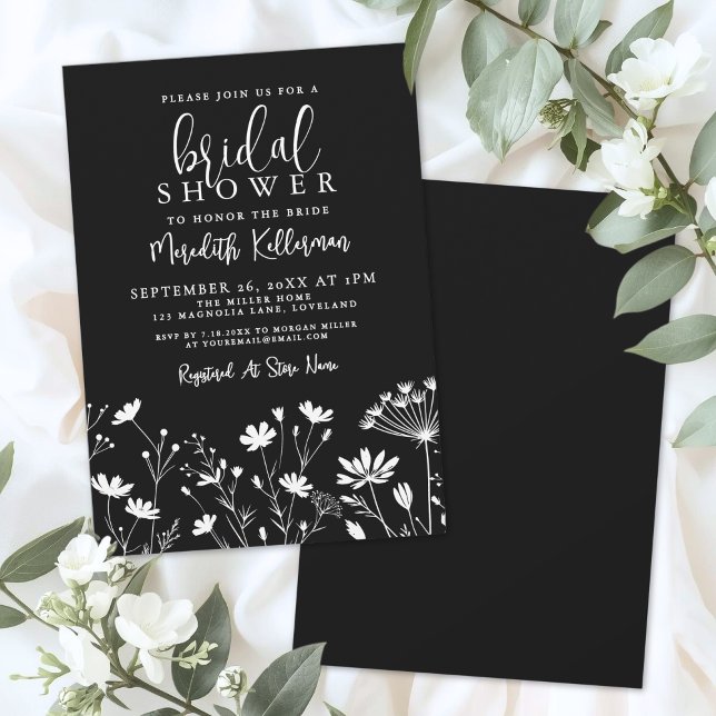Black Elegant Wildflower Bridal Shower Einladung (Black Elegant Wildflower Bridal Shower Invitation)
