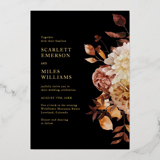 Black Elegante Modern Gold Foil Hochzeit Folieneinladung (Vorderseite)