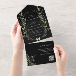 Black Elegante Wildblume QR Code Hochzeit All In One Einladung