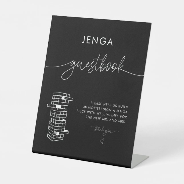 Black Eleganto Modern Jenga Gästebuch Wedding Sign Sockelschild (Vorderseite)