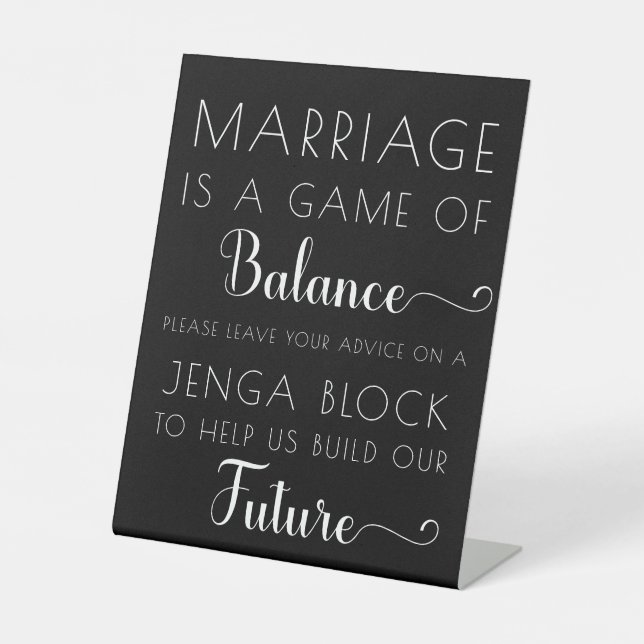 Black Eleganto Modern Jenga Gästebuch Wedding Sign Sockelschild (Vorderseite)