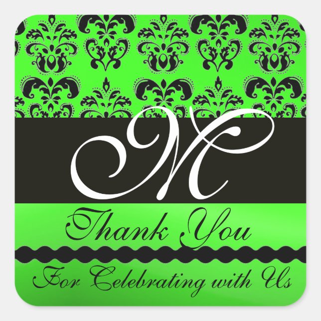 BLACK EMERALD GREEN DAMASK MONOGRAMM Vielen Dank Quadratischer Aufkleber (Vorderseite)