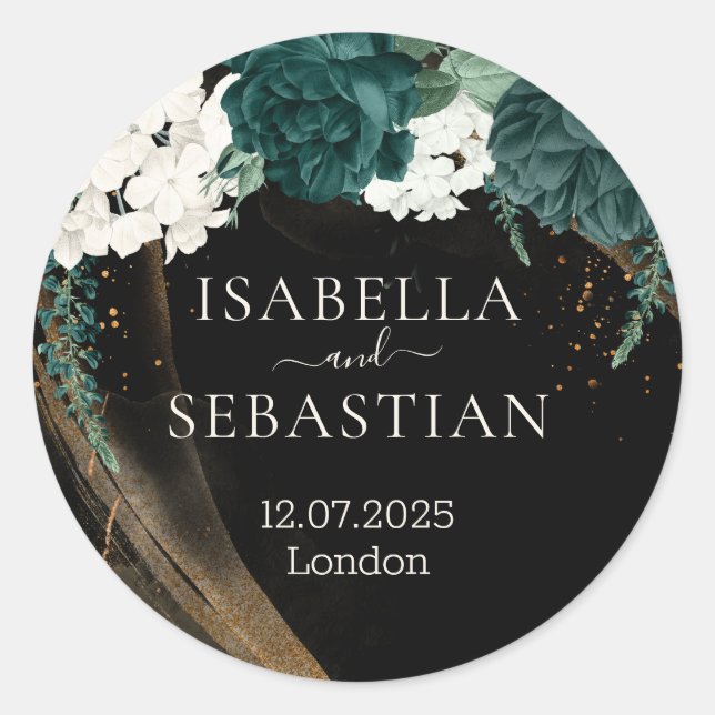 Black Emerald Green Rose Floral Wedding Runder Aufkleber (Vorderseite)