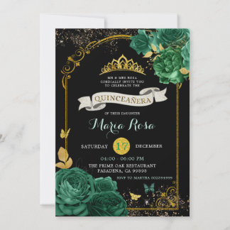 Black Emerald Green Royal Crown Quinceañera Einladung
