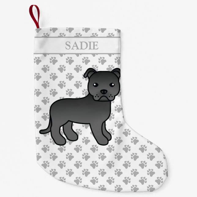 Black English Staffie Niedlich Cartoon Dog & Name Kleiner Weihnachtsstrumpf (Vorderseite)