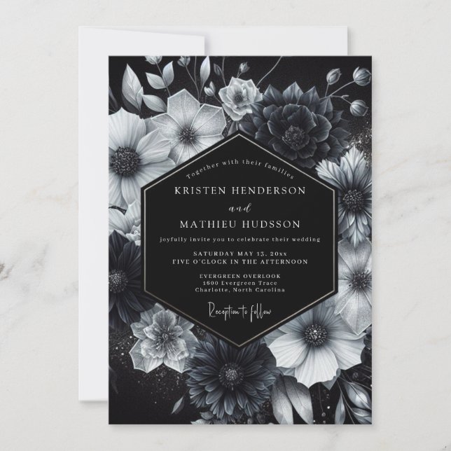 Black Ethereal Bloom Wedding Einladung (Vorderseite)