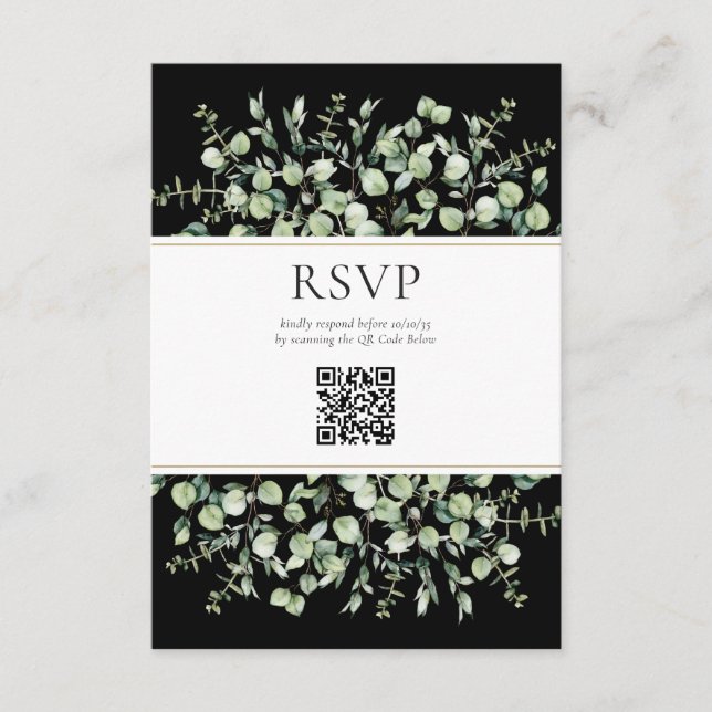 Black Eucalyptus QR Code Wedding RSVP Begleitkarte (Vorderseite)