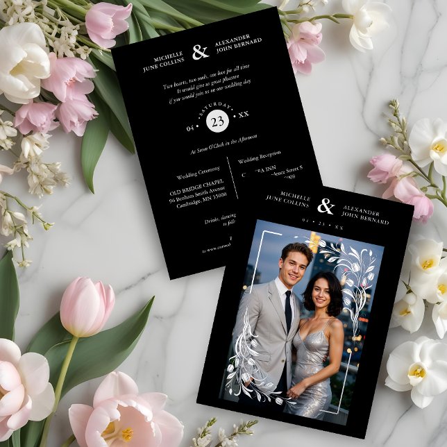 Black Exquisite Embellished Tulips Frame Photo Folieneinladung (Black Exquisite Embellished Tulips Frame Photo Wedding Golden Metallic Foil Invitations Cards. )