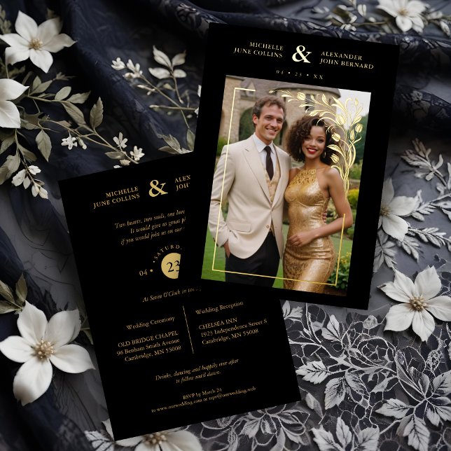 Black Exquisite Ornate Tulips Frame Photo Wedding  Folieneinladung (Black Exquisite Ornate Tulips Frame Photo Wedding Golden metallic Foil Invitations Cards.)