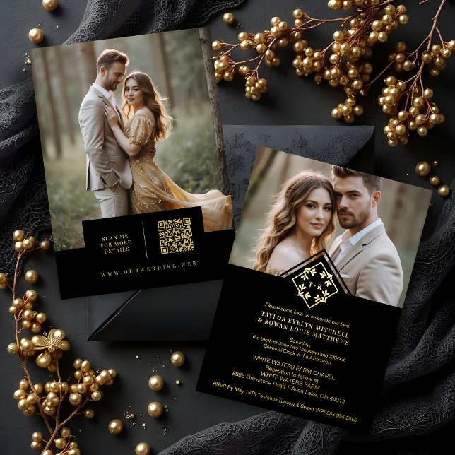 Black Exquisite Simple Wedding Botanical Monogram Folieneinladung (White Exquisite Minimalist Wedding Design Botanical Monogram and Initials Metallic Foil Gold Cards.)