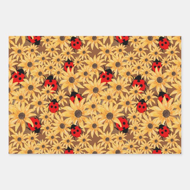 Black-Eyed Susan And Ladybugs Seamless Pattern Geschenkpapier Set (Vorderseite)