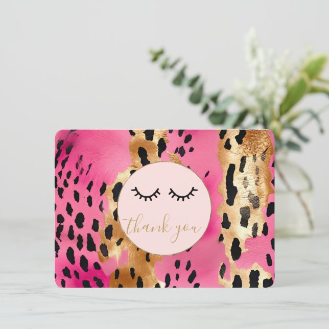 Black Eyelashes Pink Gold Leopard Vielen Dank Begleitkarte (Stehend Vorderseite)