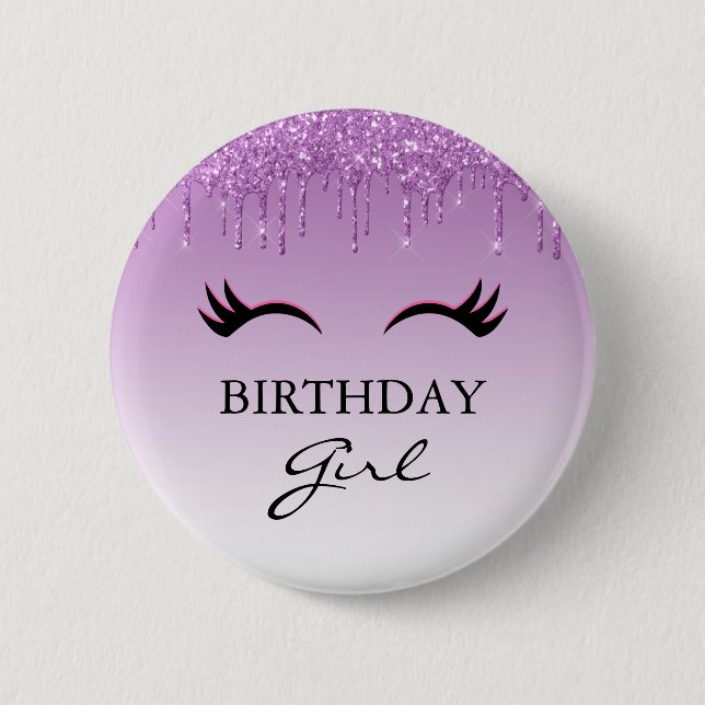 Black Eyelashes und Lila Glitzer Birthday Girl Button (Vorderseite)
