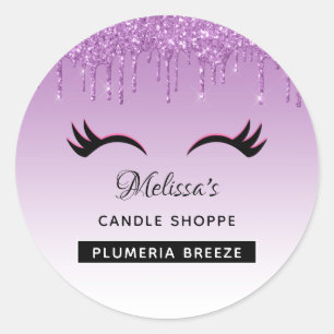 Black Eyelashes und Lila Glitzer Candle Scent Runder Aufkleber