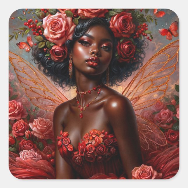 Black Fairy Art mit Rote Rosen Quadratischer Aufkleber (Vorderseite)