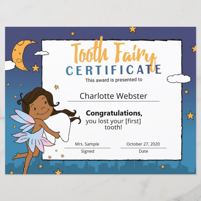 Black Fairy Clip Art First Love Tooth Certificate (Vorderseite)