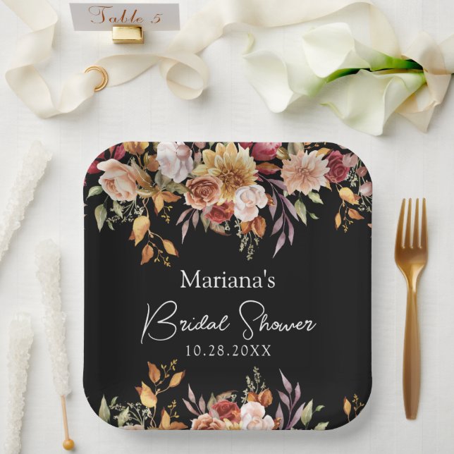 Black Fall Floral Brautparty Pappteller (Hochzeit)