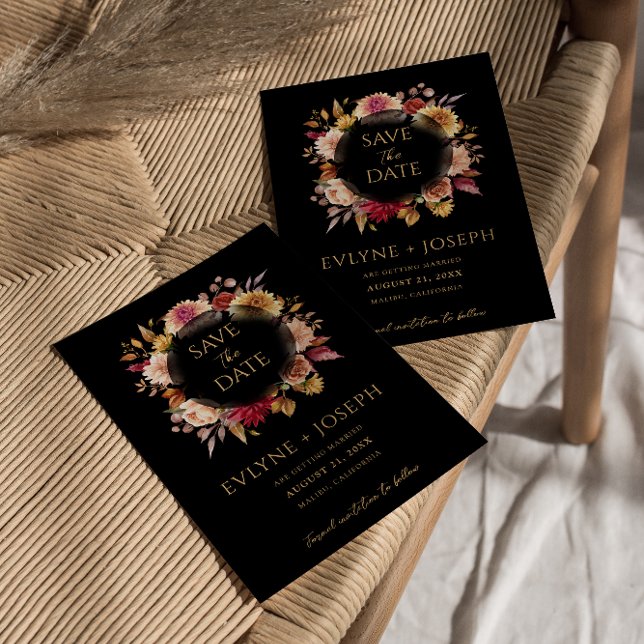 Black Fall Floral Moderne Dunkle Boho Hochzeit Save The Date (Von Creator hochgeladen)