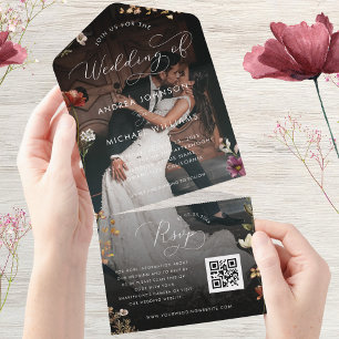Black Fall Wildblumen QR Code Foto Dunkle Hochzeit All In One Einladung