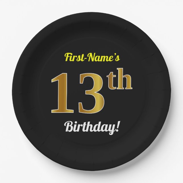 Black, Falsch Gold 13th Birthday + Custom Name Pappteller (Vorderseite)