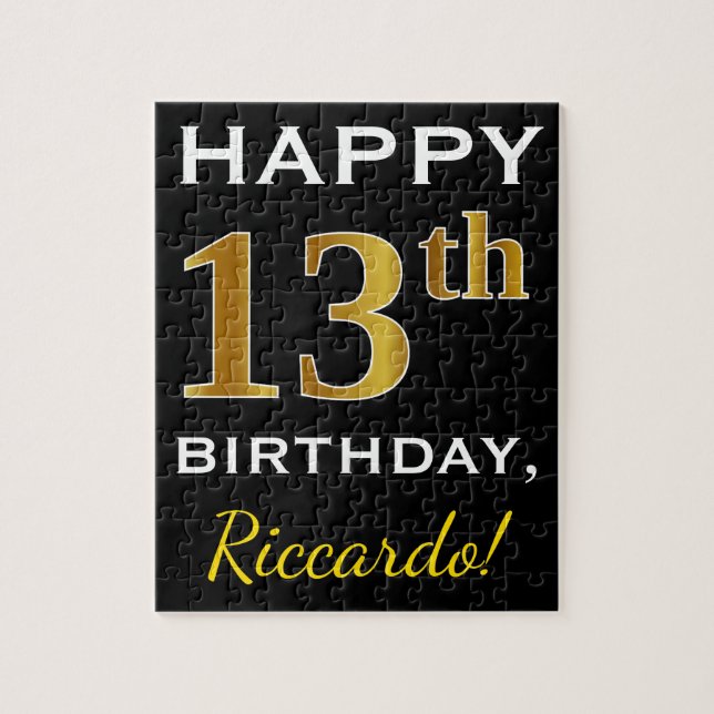 Black, Falsch Gold 13th Birthday + Custom Name Puzzle (Vertikal)
