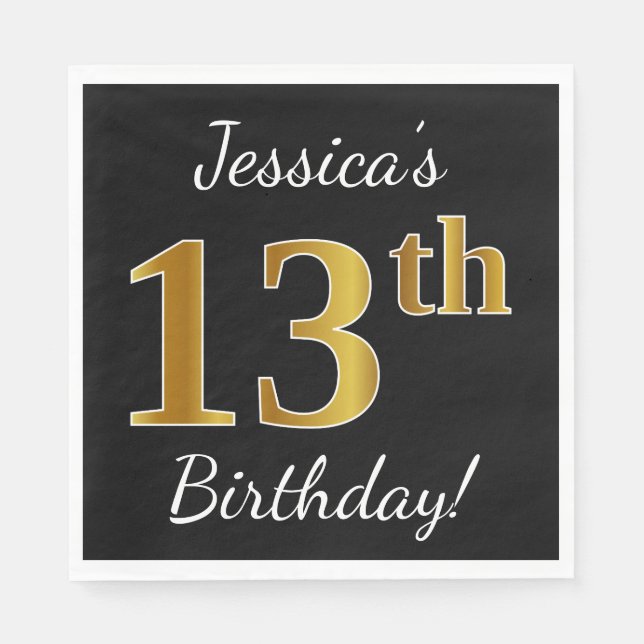 Black, Falsch Gold 13th Birthday + Custom Name Serviette (Vorderseite)