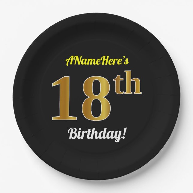 Black, Falsch Gold 18th Birthday + Custom Name Pappteller (Vorderseite)