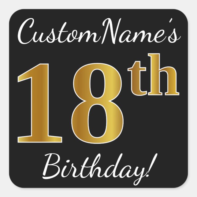 Black, Falsch Gold 18th Birthday + Custom Name Quadratischer Aufkleber