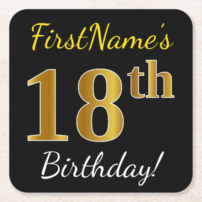 Black, Falsch Gold 18th Birthday + Custom Name Rechteckiger Pappuntersetzer (Vorderseite)