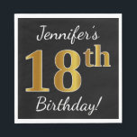 Black, Falsch Gold 18th Birthday   Custom Name Serviette<br><div class="desc">Dieses einfache Papier-Serviettendesign enthält eine Nachricht wie "Jennifers 18. Geburtstag!",  mit dem "18." mit einem goldfarbenen Imitat auf schwarzem Hintergrund. Der Name kann angepasst werden. Es könnte auf einer Geburtstagsparty für jemanden verwendet werden,  der seinen achtzehnten Geburtstag feiert. [~Z0000079]</div>