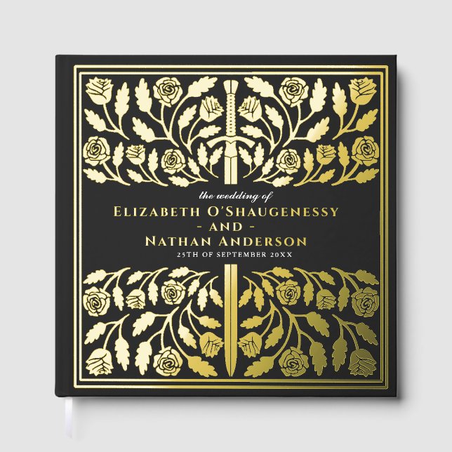 Black Fantasy Royal Medieval Sword Wedding Gästebuch (Vorderseite)
