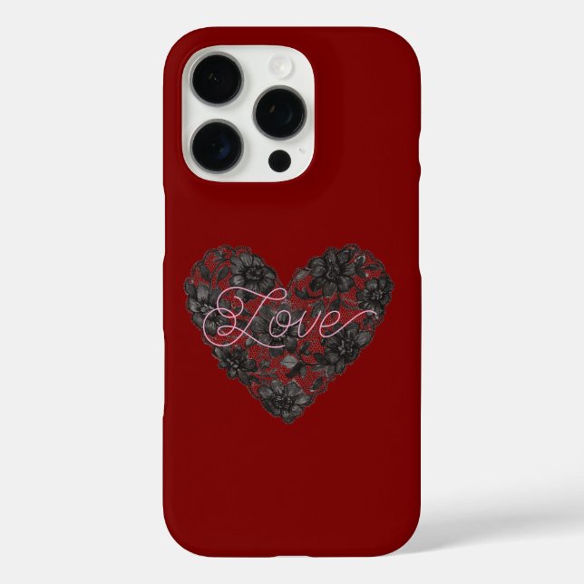 Black Faux Lace Heart Floral Case-Mate iPhone Hülle (Rückseite)
