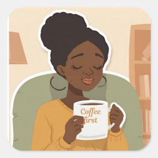 Black Female Drinking Coffee Quadratischer Aufkleber