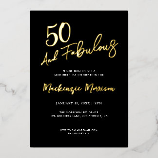 Black Fifty and Fabulous Script Birthday Folieneinladung