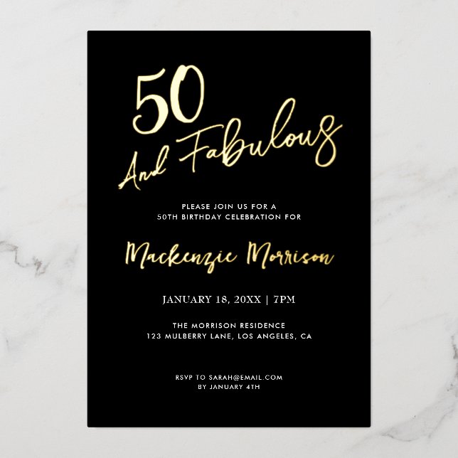 Black Fifty and Fabulous Script Birthday Folieneinladung (Vorderseite)
