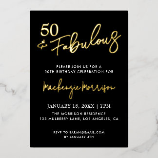 Black Fifty and Fabulous Script Birthday Party Folieneinladung
