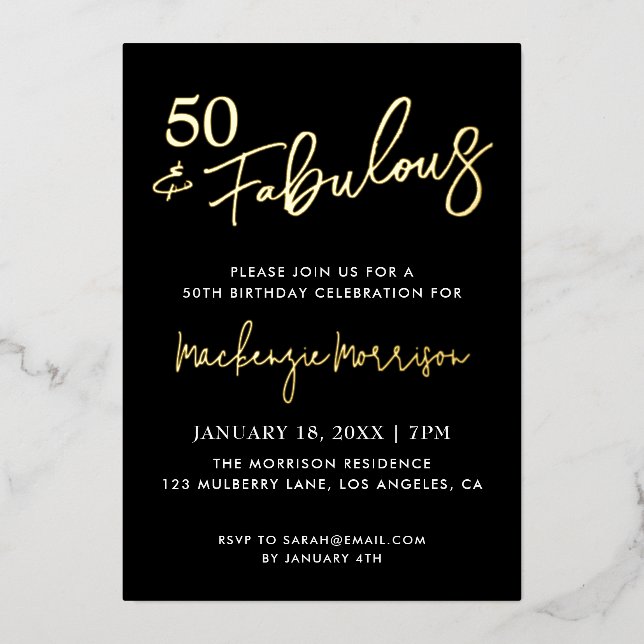 Black Fifty and Fabulous Script Birthday Party Folieneinladung (Vorderseite)