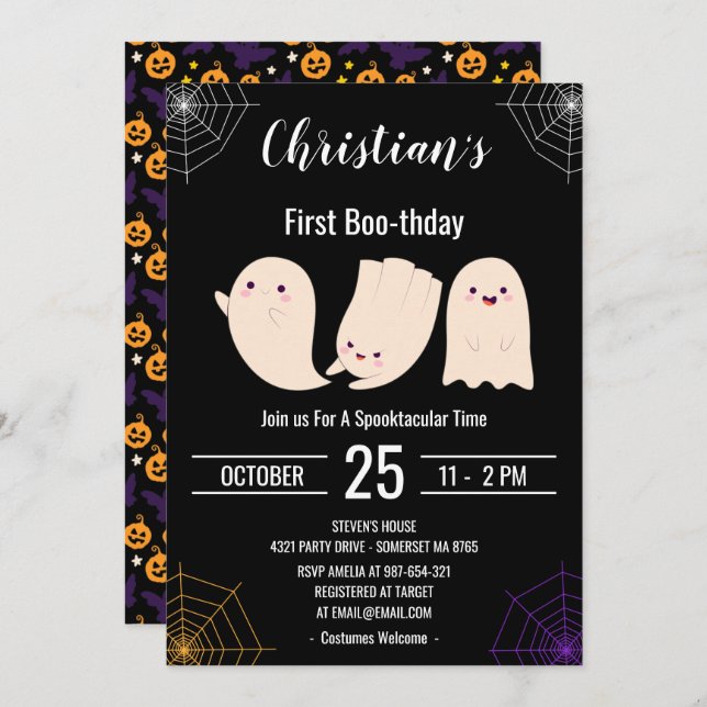 Black First Boo-thday Custom Halloween Geburtstag Einladung (Vorne/Hinten)