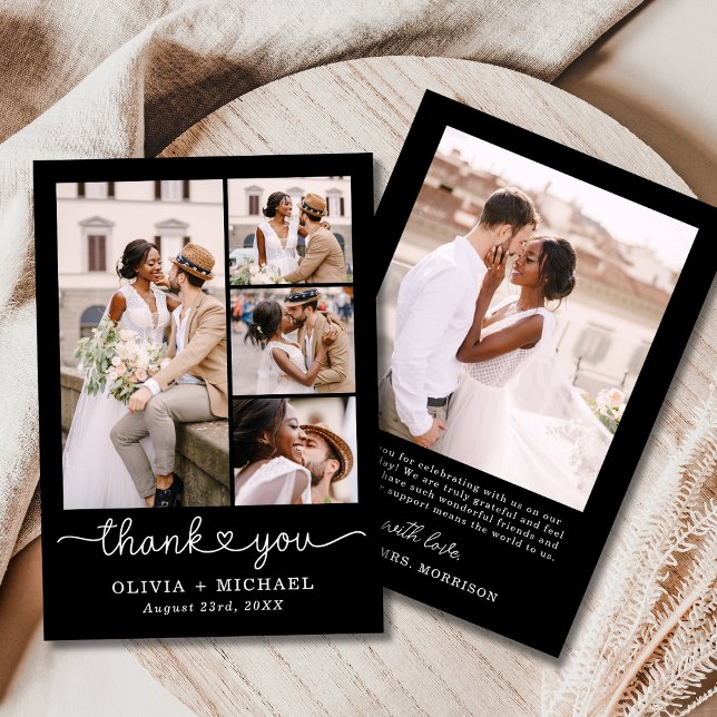 Black Five Foto Collage Script Hochzeit Dankeskarte (Von Creator hochgeladen)