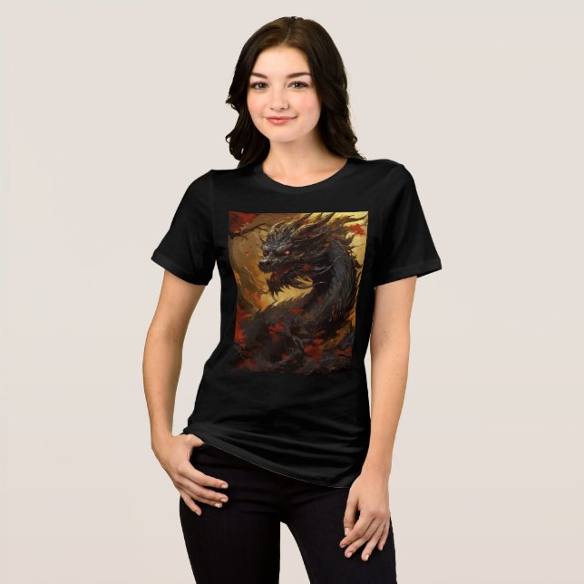 Black Flame Dragon in Autumn Forest Tri-Blend Shirt (Vorderseite voll)