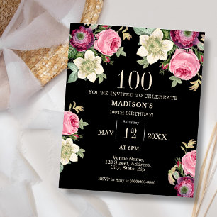 Black Floral 100. Budget Geburtstagseinladung