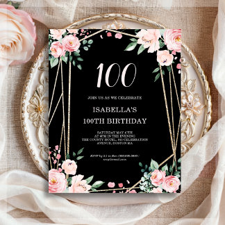 Black Floral 100. Budget Geburtstagseinladung