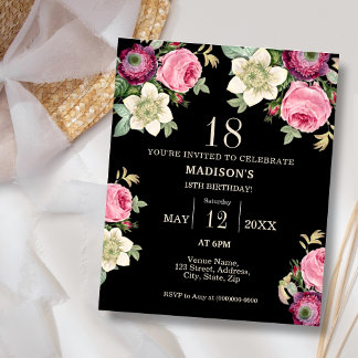 Black Floral 18. Budget Geburtstagseinladung