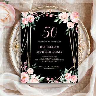 Black Floral 50. Budget Geburtstagseinladung