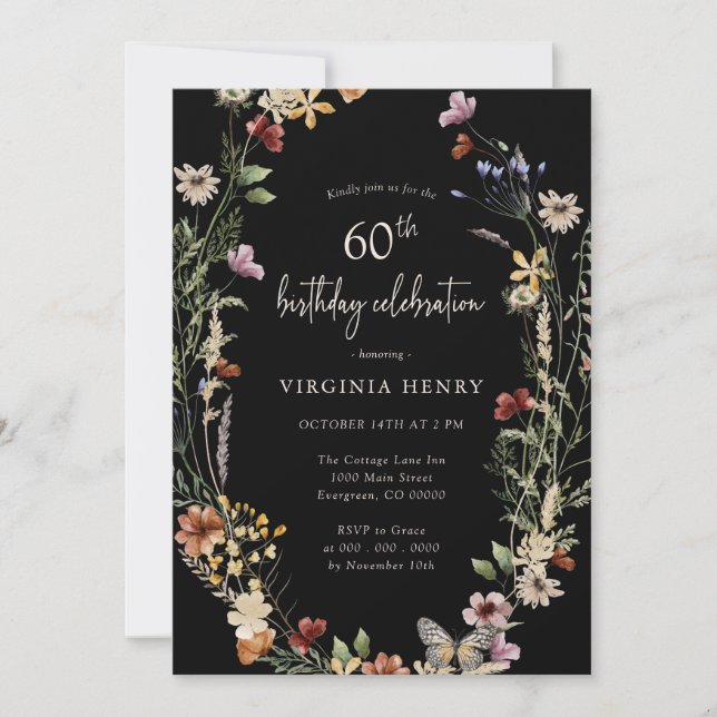 Black Floral 60. Geburtstagsparty Einladung (Vorderseite)