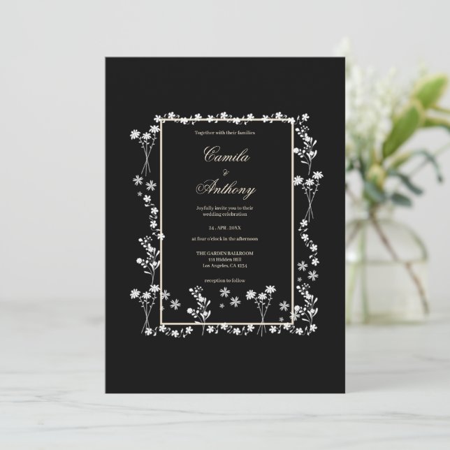 Black Floral Border Wedding Einladung (Stehend Vorderseite)